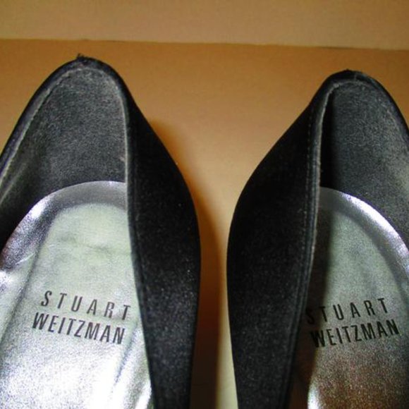 **Stuart Weitzman Black Peau De Soie Peep Toe Tonal Rhinestone Accent Pumps - Picture 2 of 7